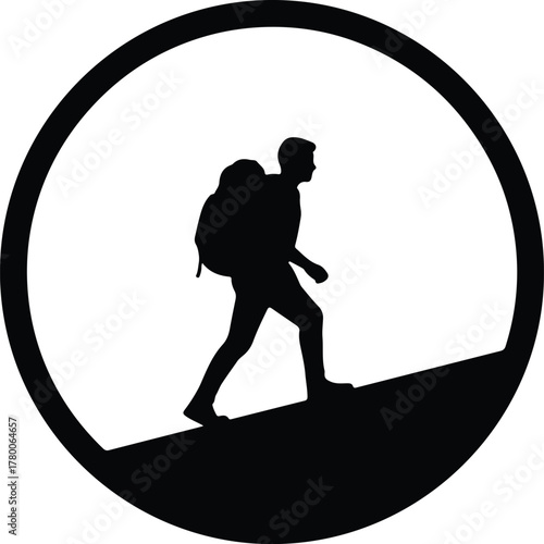 Vector hiker silhouette with backpack trekking uphill in circular frame illustration