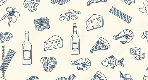 A delightful hand-drawn pattern featuring various Italian food and drink elements on a cream background.