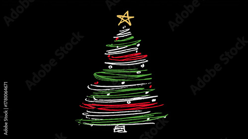 Abstract Christmas Tree and star, drawn in chalk over black background. In white, red and green. 