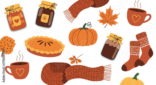 Cozy autumn collection with pumpkins, pie, hot drinks, scarves, and fall leaves on a white background.