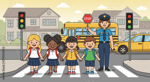 Friendly Police Officer Guides Diverse Group of School Children Across Crosswalk, Teaching Road Safety and Promoting Secure Journeys to School