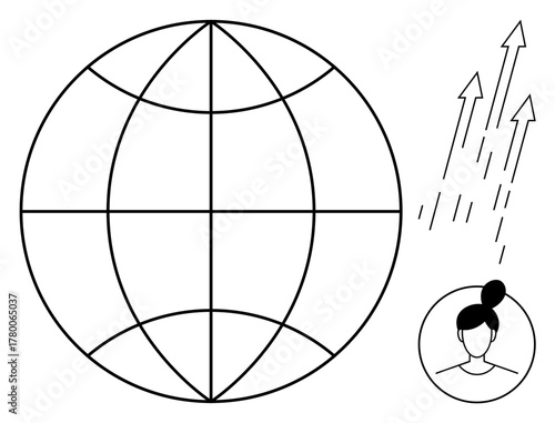 Globe with latitudes and longitudes, arrows symbolizing growth, and a woman profile icon. Ideal for connection, global reach, growth, leadership, innovation networking progress. Simple flat