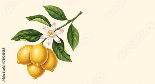 A botanical illustration of a lemon tree branch with ripe yellow fruits, green leaves, and a delicate white blossom.