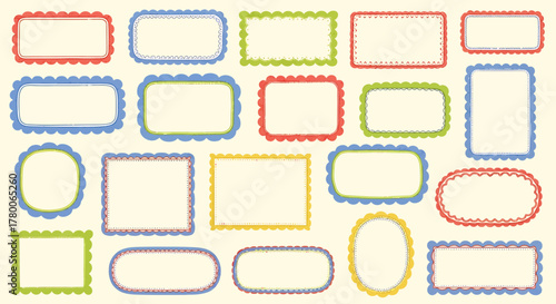 Collection of colorful decorative frames with scalloped edges on a beige background.