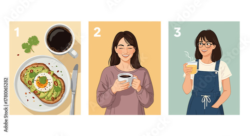 Illustrated triptych showing a woman's morning routine with avocado toast and coffee.