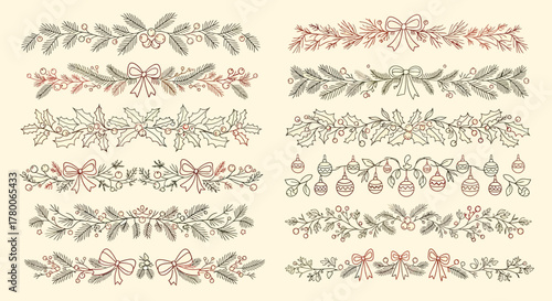 Hand-drawn Christmas and winter holiday decorative borders with fir branches, holly, berries, and bows.