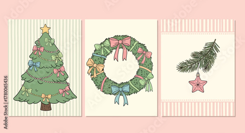 Three festive illustrations featuring a Christmas tree, wreath, and a sprig with a star ornament.