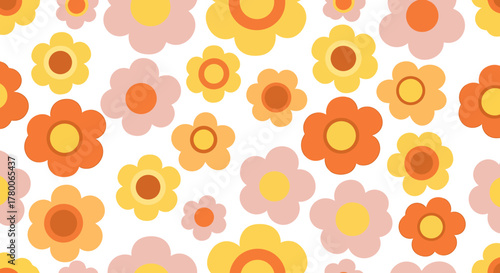 A seamless background pattern of retro-inspired flowers in warm shades of yellow, orange, and pink.