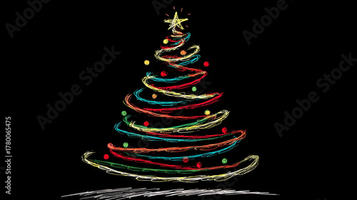 Abstract Christmas Tree and star with shdow, drawn in chalk over black background. In gold,red and light blue. 