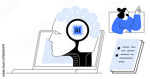 Human brain integrated with AI chip on laptop, professional analyzing data on board, documents on desk. Ideal for artificial intelligence, technology, innovation, machine learning, data science