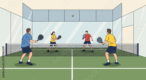 Four individuals playing a game of padel tennis on a court, hitting the ball.