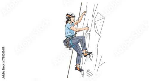 A woman is climbing a rock wall with safety gear, including a helmet and harness.