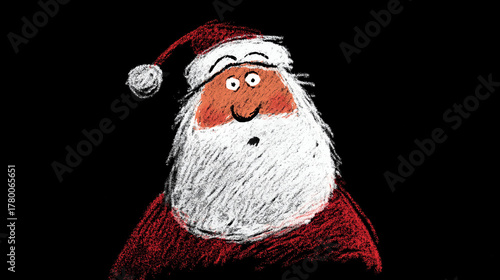 Drawing of a shocked and surprised cartoon Santa Claus drawn in chawk on a black background