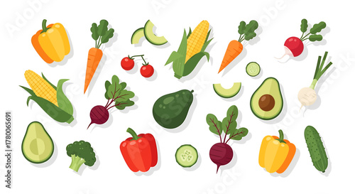 A vibrant collection of assorted fresh vegetables like corn, avocado, and peppers, illustrated in a flat design style on a white background.