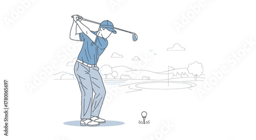 A golfer in blue attire executing a swing on a sunny golf course.