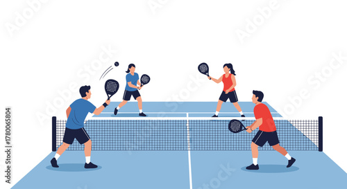 Two teams playing pickleball on a blue court with a net, one player hitting the ball.