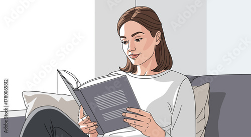 A woman sits comfortably, engrossed in reading a book, enjoying the moment.