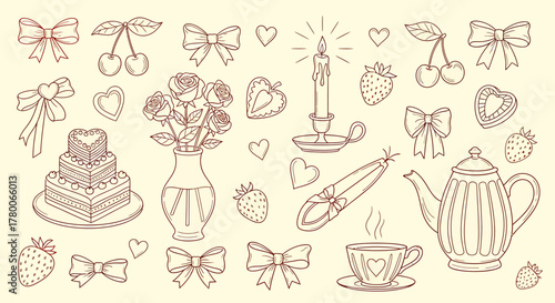A charming set of hand-drawn romantic elements including a wedding cake, roses, teapot, and bows in a vintage doodle style.