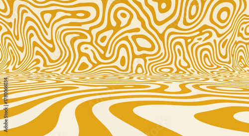 An abstract, psychedelic pattern of swirling yellow and cream lines creating a warped, immersive visual effect.