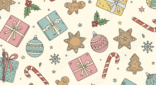 Festive Christmas-themed pattern featuring gifts, ornaments, gingerbread cookies, candy canes, and holly on a cream background.