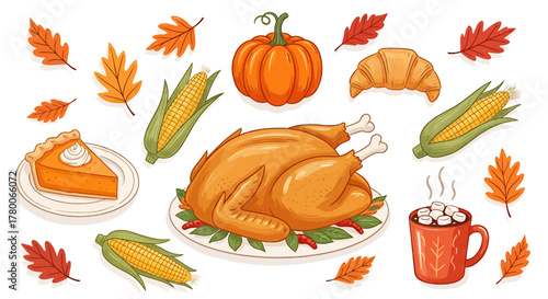 Thanksgiving feast illustration with turkey, pumpkin pie, corn, croissant, and autumn leaves.