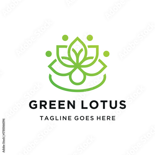 Modern Green Lotus Flower with minimalist abstract leaves nature for natural wellness or spiritual business logo design