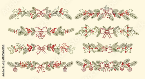 Collection of hand-drawn vintage Christmas borders with festive foliage, berries, and bows.