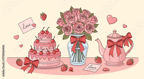 A romantic still life illustration with a pink cake, a bouquet of roses, and a teapot for a celebration.