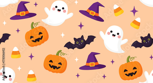 A cheerful Halloween pattern featuring cute ghosts, smiling pumpkins, witch hats, bats, and candy corn on a light orange background with sparkling stars.