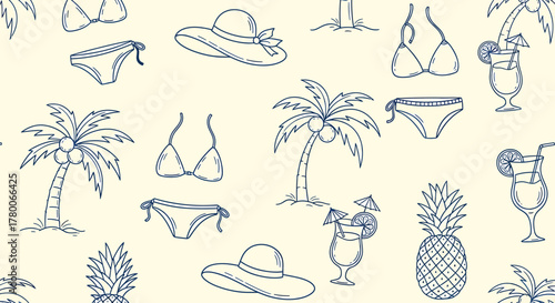 A repeating pattern featuring beach-themed illustrations, including palm trees, swimsuits, hats, and cocktails.