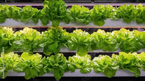 Medium shot of a hydroponic vertical garden with rows of leafy greens growing upwards under controlled indoor lighting for sustainable urban farming.