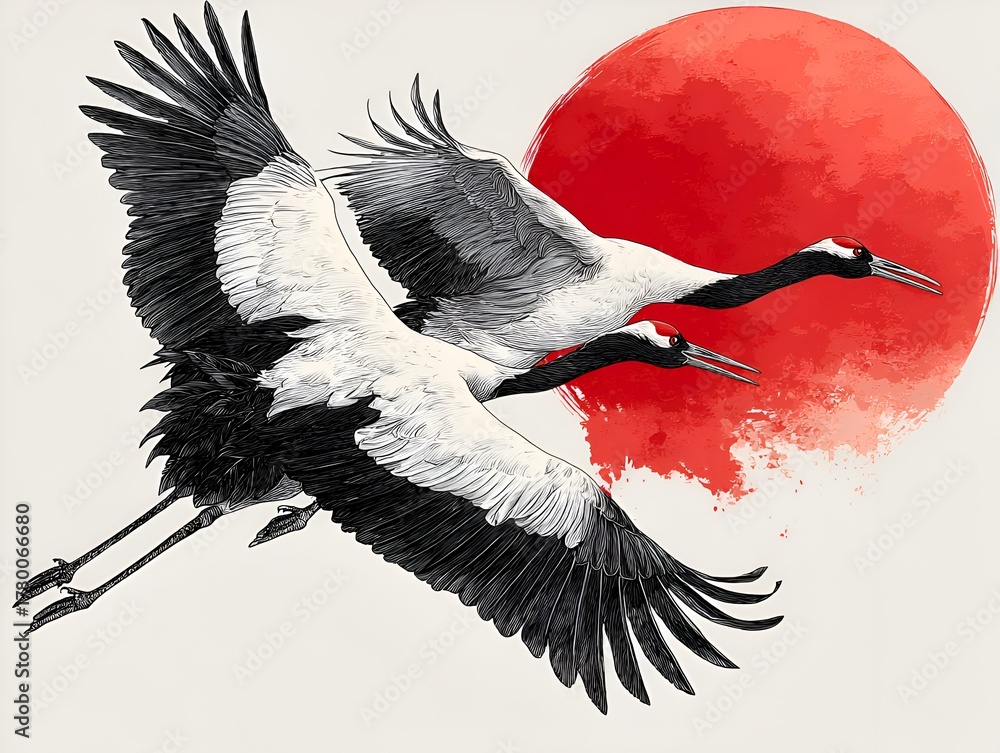 Obraz premium Graceful cranes soar against a vibrant red sun in this captivating artistic hand drawn illustration.