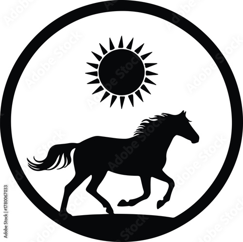 Vector running horse silhouette with sun in a circle illustration