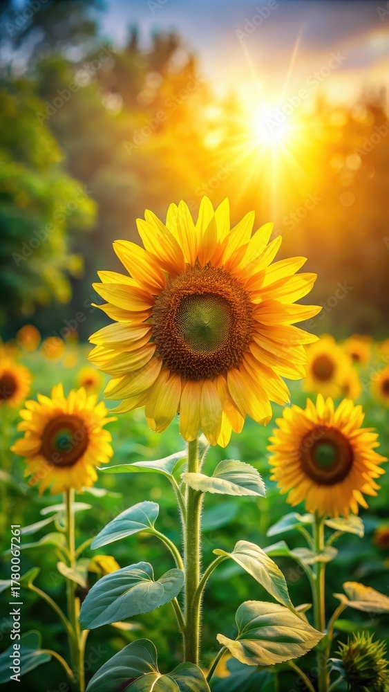 Fototapeta premium Vibrant sunflowers standing tall in a lush green garden surrounded by soft breeze and warm sunlight