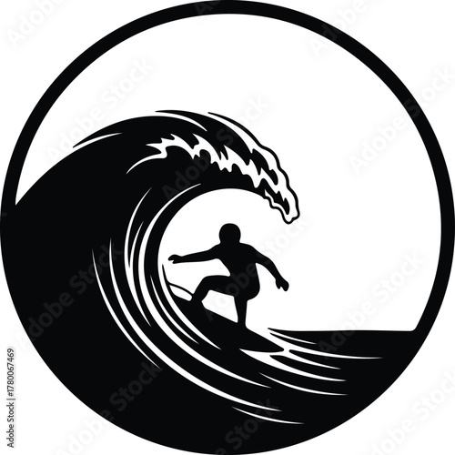 Vector surfer riding a wave inside a circle silhouette illustration