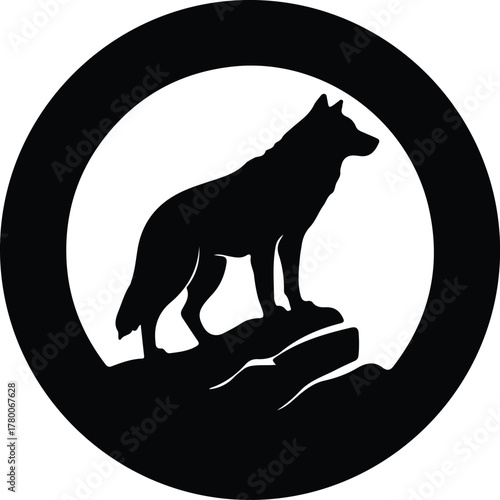 Vector Wolf standing on rock in circle black silhouette illustration