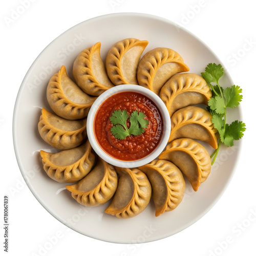 Steamed Momos arranged in a circle on a white plate with spicy dipping sauce and cilantro garnish a delicious Nepalese dumpling dish