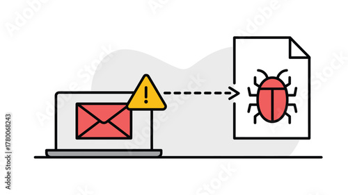 Email Security Threat Laptop Displaying Envelope Icon with Warning Sign Transferring Virus to File