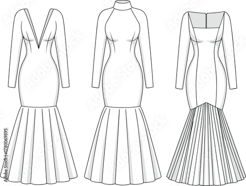Technical CAD Drawing Flat Vector Illustration of Women's Formal Long Sleeve Mermaid Gowns Set, Deep V-Neck, Turtleneck, and Square Neck Styles.