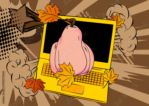 Cartoon Laptop, comic book Notebook with Thanksgiving pumpkin and Autumn leaves. Retro vector comics pop art design.