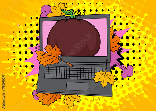 Cartoon Laptop, comic book Notebook with Thanksgiving pumpkin and Autumn leaves. Retro vector comics pop art design.