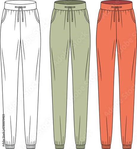 Fashion CAD Drawing Flat Vector Illustration of Women's Relaxed Fit Jogger Pants, High Waist, Adjustable Drawstring, Functional Side Pockets, and Gathered Cuffs.