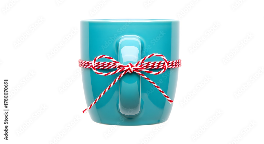 Obraz premium Gift - Blue ceramic mug wrapped with red and white striped string bow on white background, perfect for gift or holiday season