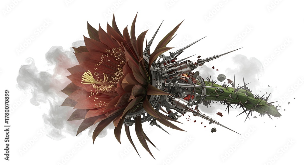 Obraz premium Mechanical flower blooms amidst deconstruction against a smoky white background artfully displayed.