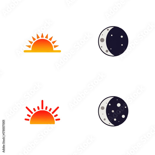 Set of flat sun and moon icons representing the day and night cycle. Simple 2D vector logo templates for weather or celestial themes