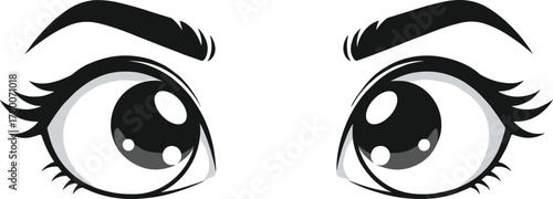 Cute anime eyes with detailed lashes, expressive black outline, vector art design, kawaii character, cartoon illustration for digital art