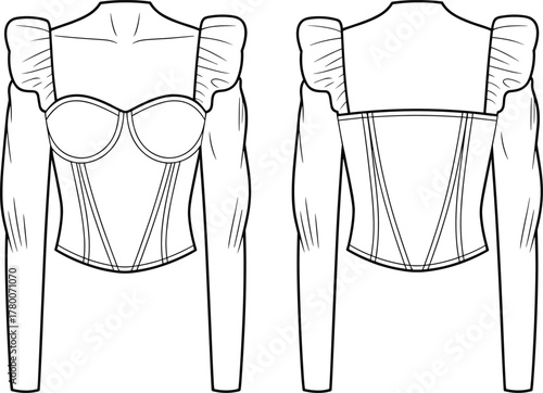 Women's Corset Style Bodice Top with Sweetheart Neckline and Off-Shoulder Puffed Sleeves Technical Fashion Flat Sketch CAD Drawing Vector Illustration