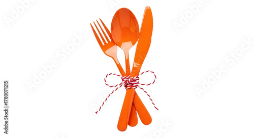 Gift - Bright orange plastic cutlery set with fork, spoon, and knife tied with red and white string, perfect for outdoor picnics and casual parties