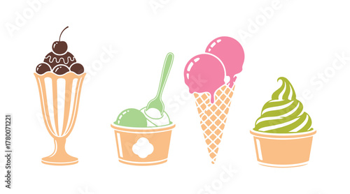 A classic ice cream icon collection on a white backdrop. A symbol of dessert. Perfect for summer and weekends. Includes sundae, waffle cone, sorbet, and frozen yogurt icons. Vector art.
