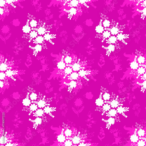 Abstract white flower bouquets on a complex fuchsia floral background in vector. Seamless plant pattern. Botanical print for fabric.